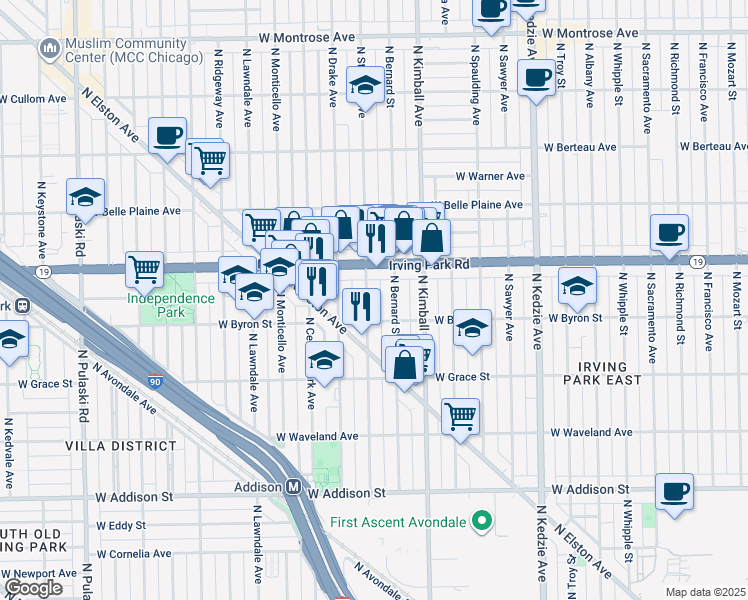 map of restaurants, bars, coffee shops, grocery stores, and more near 3860 North Saint Louis Avenue in Chicago