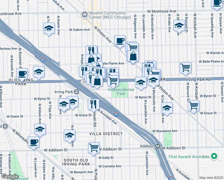 map of restaurants, bars, coffee shops, grocery stores, and more near 3816 West Byron Street in Chicago