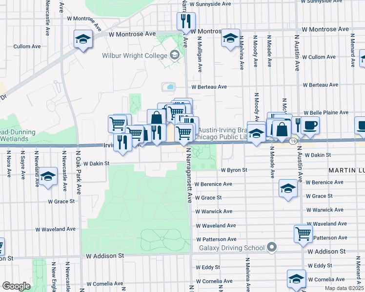 map of restaurants, bars, coffee shops, grocery stores, and more near 6422 West Dakin Street in Chicago
