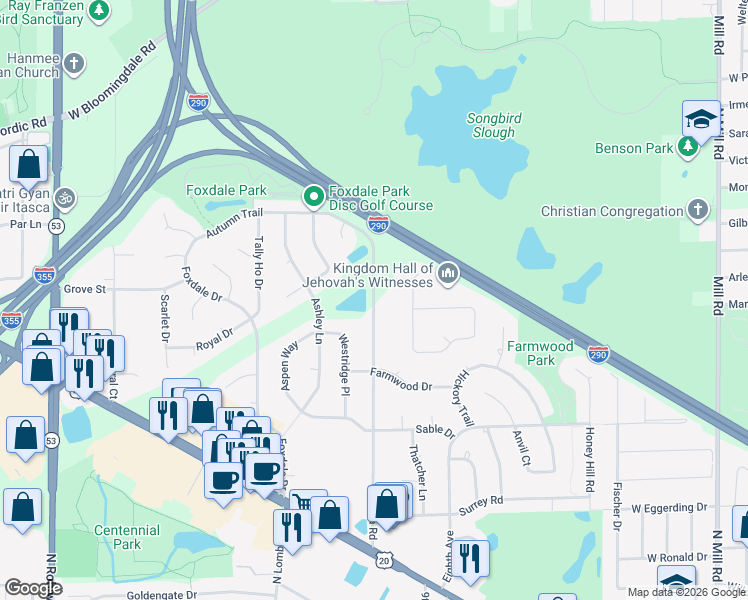 map of restaurants, bars, coffee shops, grocery stores, and more near 1272 Itasca Road in Addison