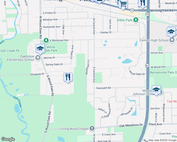 map of restaurants, bars, coffee shops, grocery stores, and more near 267 Montclare Lane in Wood Dale