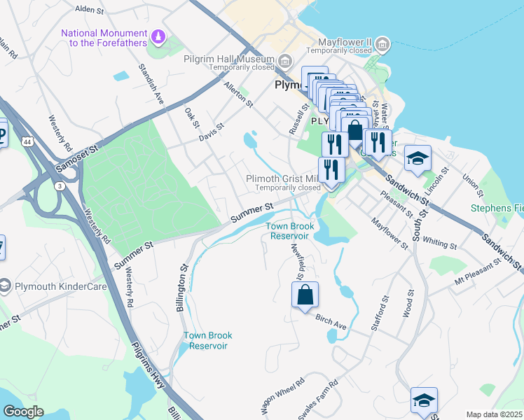 map of restaurants, bars, coffee shops, grocery stores, and more near 124 Summer Street in Plymouth