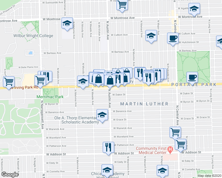 map of restaurants, bars, coffee shops, grocery stores, and more near 6005 West Dakin Street in Chicago