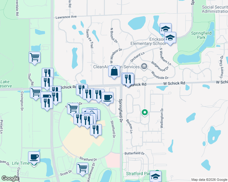 map of restaurants, bars, coffee shops, grocery stores, and more near 158 Paxton Road in Bloomingdale