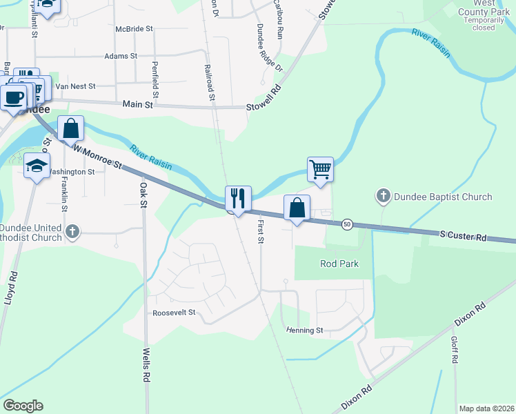 map of restaurants, bars, coffee shops, grocery stores, and more near 424 East Monroe Street in Dundee