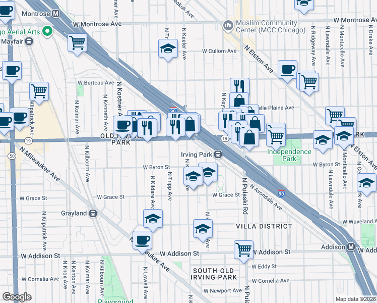 map of restaurants, bars, coffee shops, grocery stores, and more near 3929 North Keeler Avenue in Chicago
