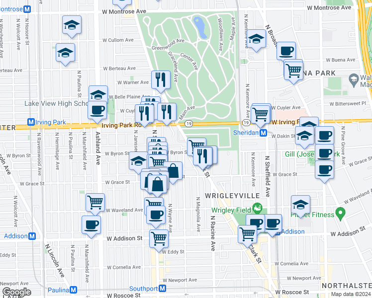 map of restaurants, bars, coffee shops, grocery stores, and more near 1252 West Byron Street in Chicago
