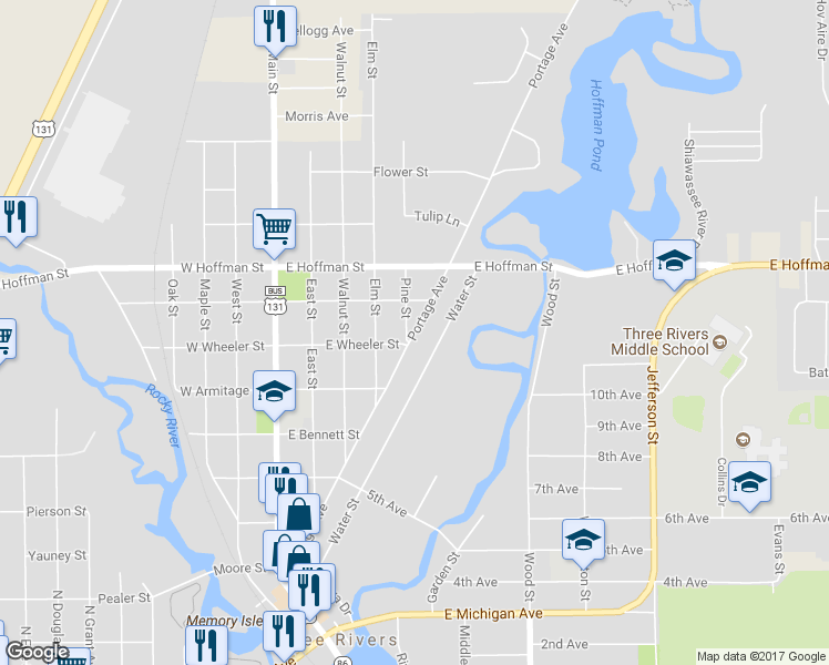 map of restaurants, bars, coffee shops, grocery stores, and more near 622 Portage Avenue in Three Rivers