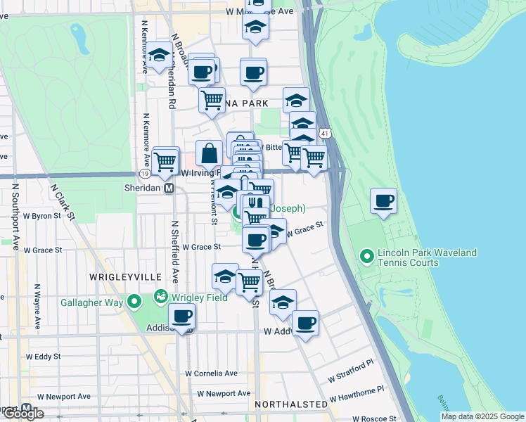 map of restaurants, bars, coffee shops, grocery stores, and more near 734 West Sheridan Road in Chicago