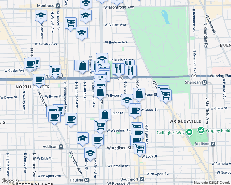 map of restaurants, bars, coffee shops, grocery stores, and more near 1480 West Byron Street in Chicago