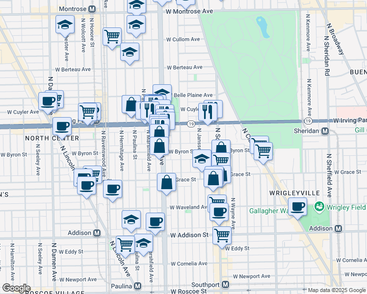 map of restaurants, bars, coffee shops, grocery stores, and more near 3907 North Greenview Avenue in Chicago