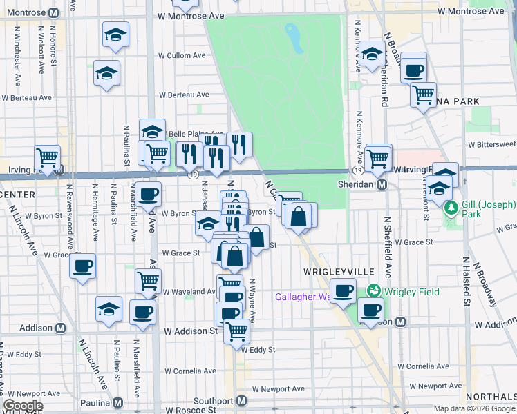 map of restaurants, bars, coffee shops, grocery stores, and more near 1316 W Byron St in Chicago