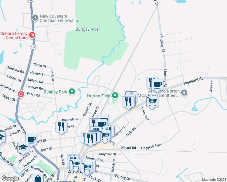 map of restaurants, bars, coffee shops, grocery stores, and more near 103 Hope Street Extension in Attleboro