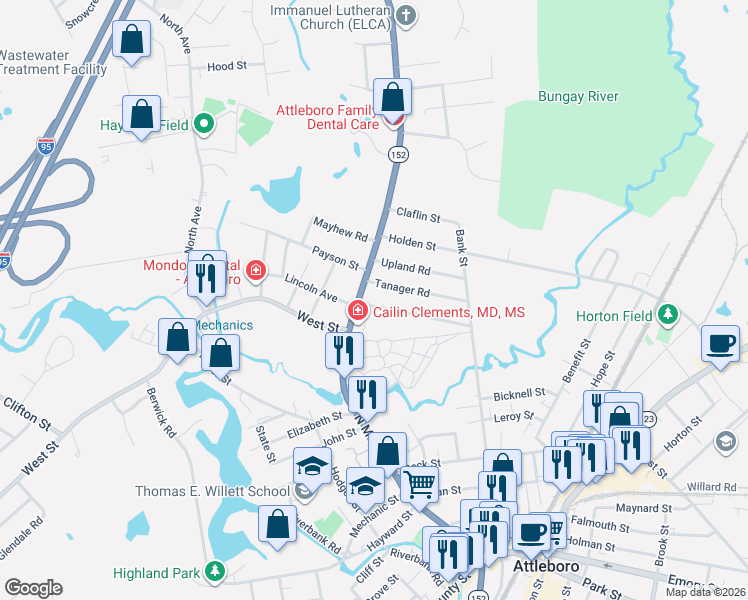 map of restaurants, bars, coffee shops, grocery stores, and more near 6 Tanager Road in Attleboro