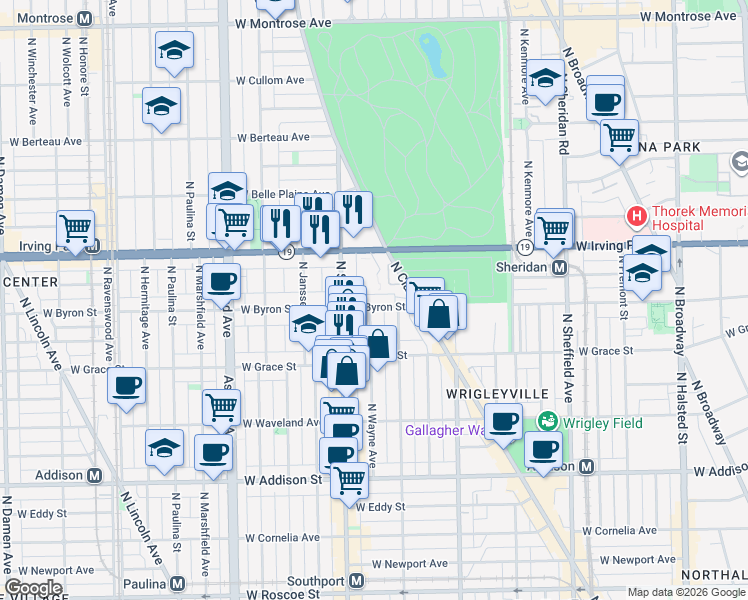 map of restaurants, bars, coffee shops, grocery stores, and more near 3933E North Wayne Avenue in Chicago