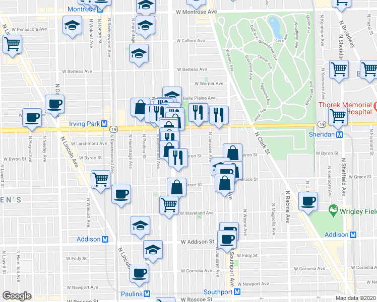 map of restaurants, bars, coffee shops, grocery stores, and more near 1467 West Irving Park Road in Chicago