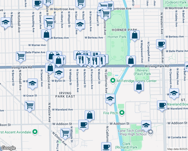 map of restaurants, bars, coffee shops, grocery stores, and more near 2851 Irving Park Road in Chicago