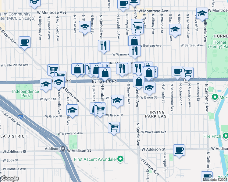 map of restaurants, bars, coffee shops, grocery stores, and more near 3309 Irving Park Road in Chicago