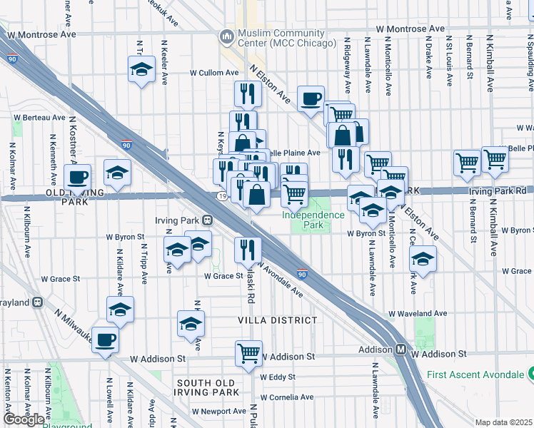 map of restaurants, bars, coffee shops, grocery stores, and more near 3915 Irving Park Road in Chicago