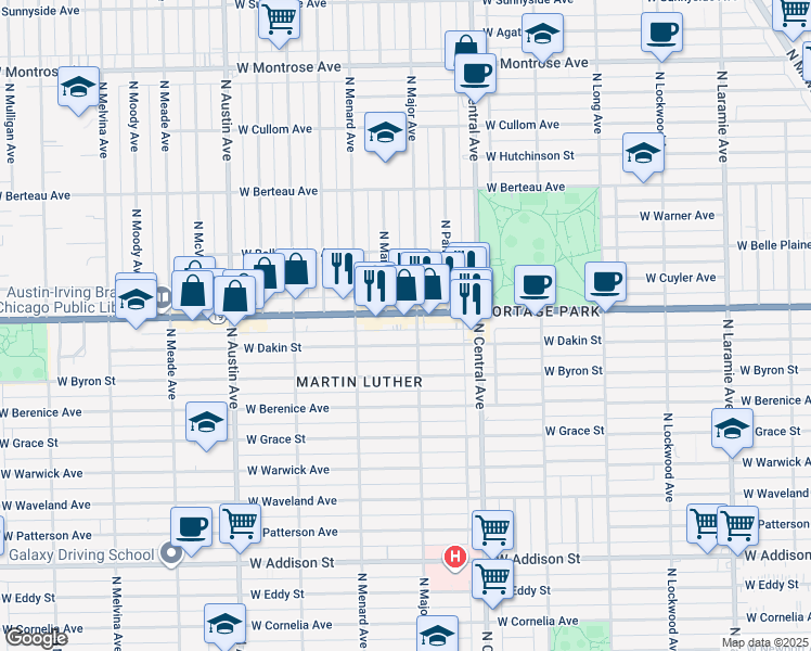 map of restaurants, bars, coffee shops, grocery stores, and more near 5702 Irving Park Road in Chicago