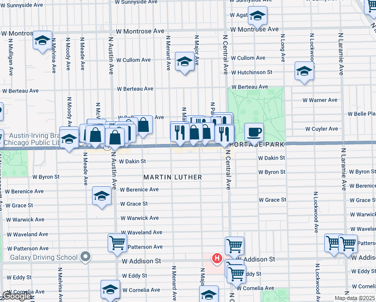 map of restaurants, bars, coffee shops, grocery stores, and more near 5740 Irving Park Road in Chicago