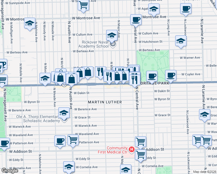map of restaurants, bars, coffee shops, grocery stores, and more near 5740 Irving Park Road in Chicago