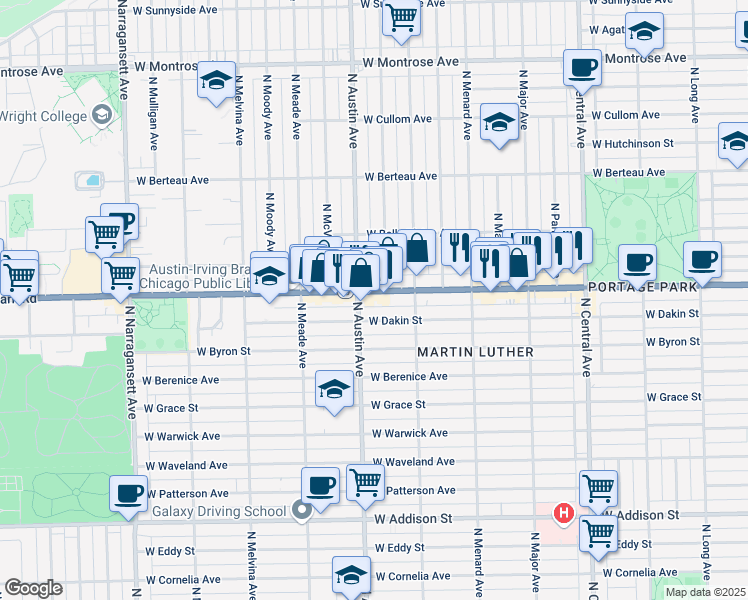 map of restaurants, bars, coffee shops, grocery stores, and more near 4017 North Mason Avenue in Chicago