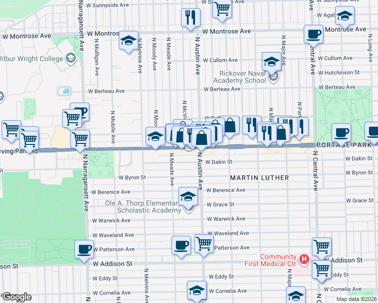 map of restaurants, bars, coffee shops, grocery stores, and more near 4012 North Austin Avenue in Chicago