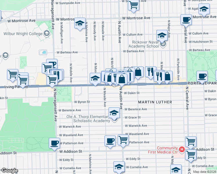 map of restaurants, bars, coffee shops, grocery stores, and more near 4014 North McVicker Avenue in Chicago