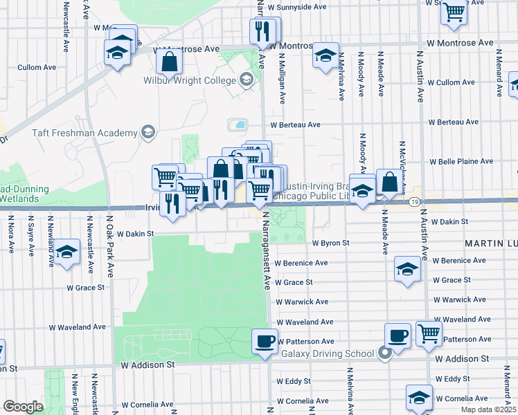 map of restaurants, bars, coffee shops, grocery stores, and more near 6456 W Irving Park Rd in Chicago
