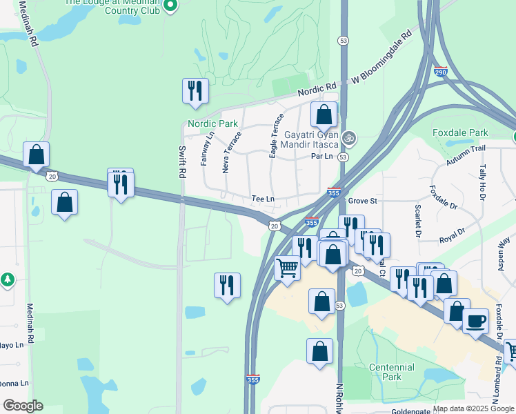 map of restaurants, bars, coffee shops, grocery stores, and more near 5N260 Eagle Terrace in Itasca