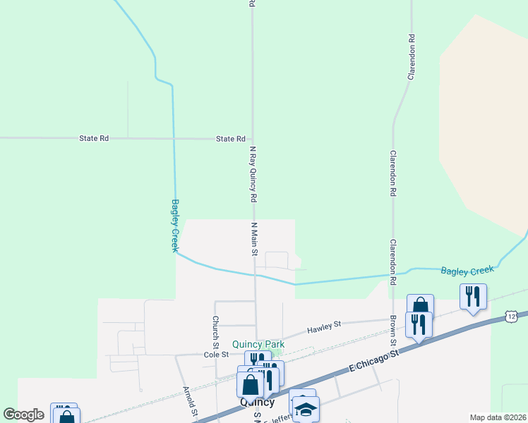 map of restaurants, bars, coffee shops, grocery stores, and more near 491 North Ray Quincy Road in Quincy