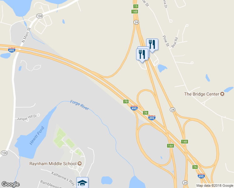 map of restaurants, bars, coffee shops, grocery stores, and more near Blue Star Memorial Highway in Raynham