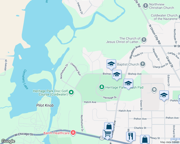map of restaurants, bars, coffee shops, grocery stores, and more near 24 Arrowhead Drive in Coldwater