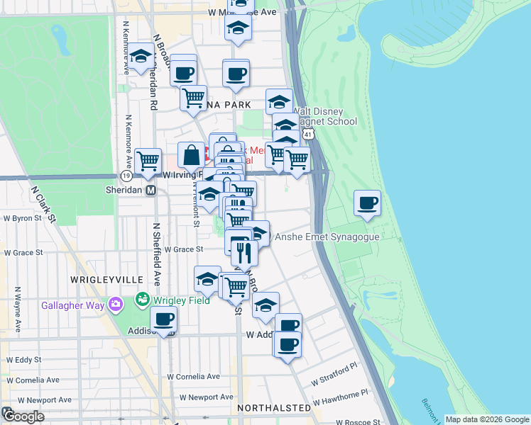map of restaurants, bars, coffee shops, grocery stores, and more near N Pine Grove Ave & W Sheridan Rd in Chicago