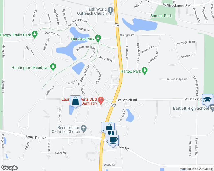 map of restaurants, bars, coffee shops, grocery stores, and more near 1425 Quincy Bridge Court in Bartlett