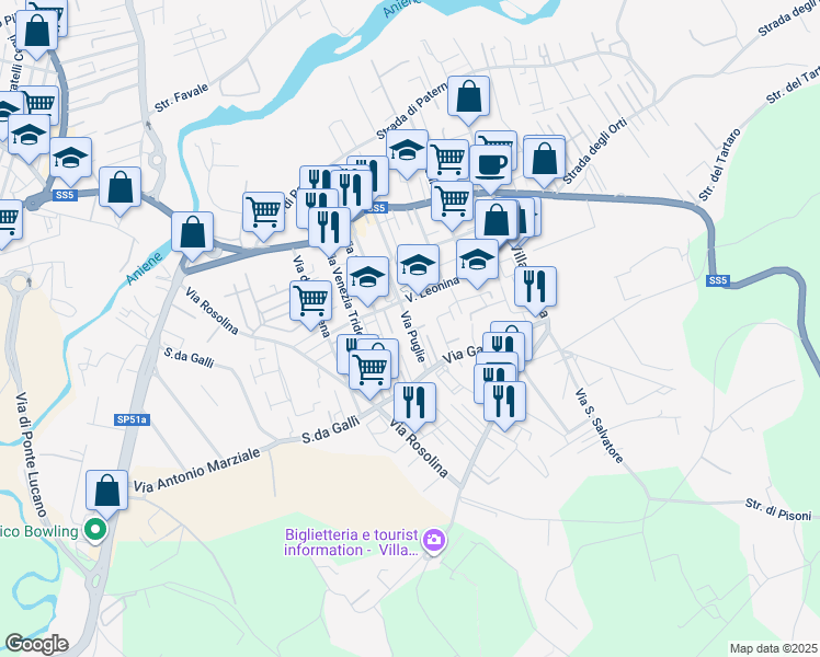 map of restaurants, bars, coffee shops, grocery stores, and more near Via Puglie in Tivoli