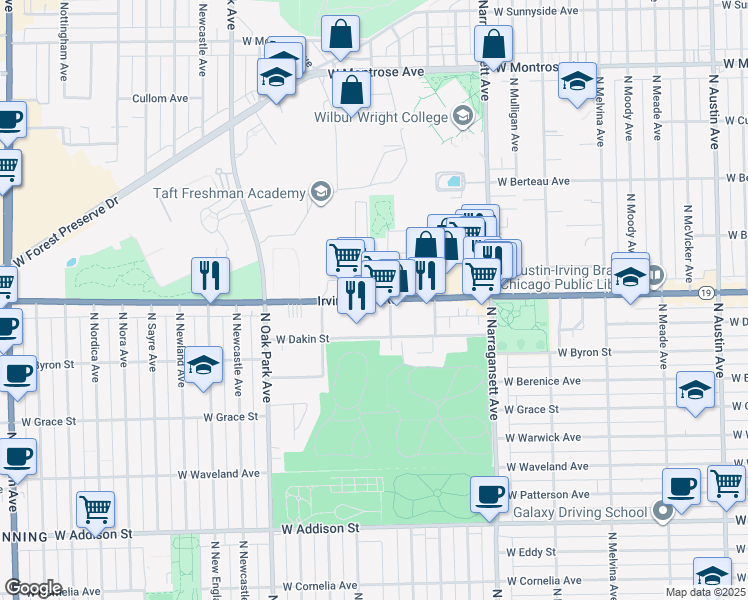 map of restaurants, bars, coffee shops, grocery stores, and more near West Irving Park Road in Chicago