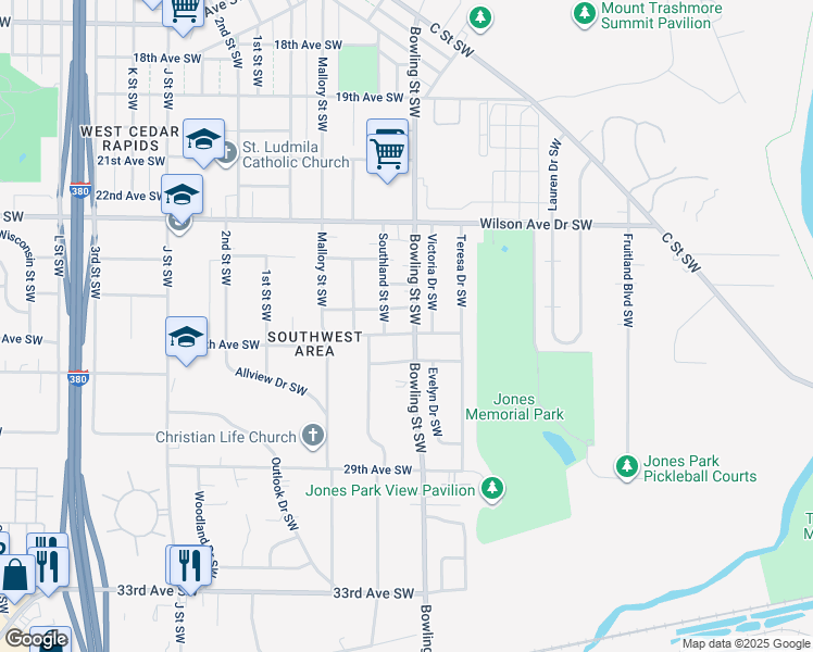 map of restaurants, bars, coffee shops, grocery stores, and more near 4 26th Avenue Southwest in Cedar Rapids
