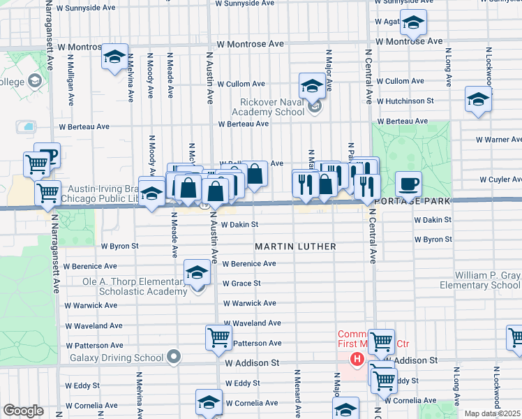 map of restaurants, bars, coffee shops, grocery stores, and more near 5852 Irving Park Road in Chicago