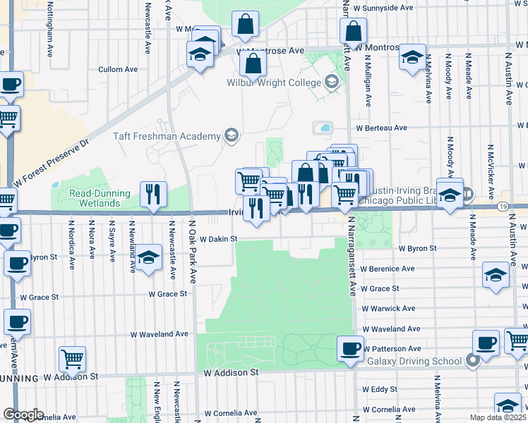map of restaurants, bars, coffee shops, grocery stores, and more near West Irving Park Road in Chicago