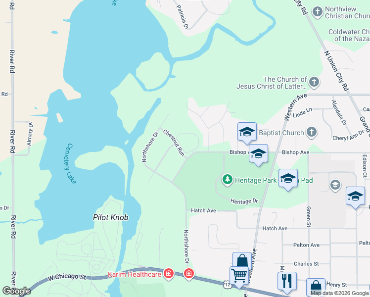 map of restaurants, bars, coffee shops, grocery stores, and more near 120 Medowridge Drive in Coldwater