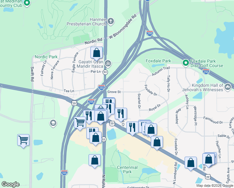 map of restaurants, bars, coffee shops, grocery stores, and more near 20W520 Grove Street in Itasca