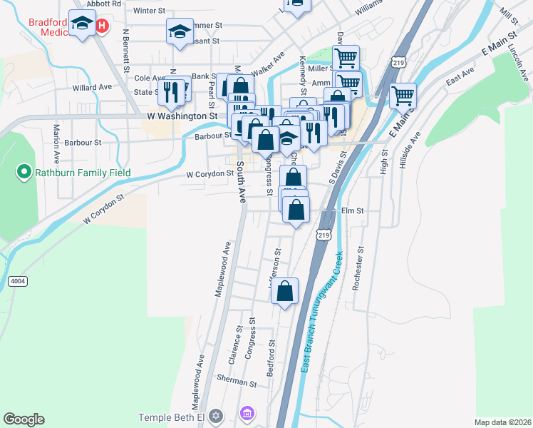 map of restaurants, bars, coffee shops, grocery stores, and more near 72 Congress Street in Bradford