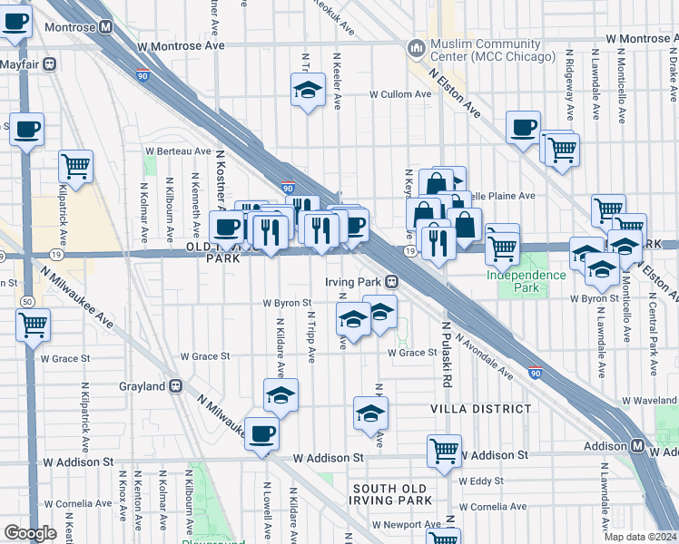 map of restaurants, bars, coffee shops, grocery stores, and more near 3932 North Keeler Avenue in Chicago