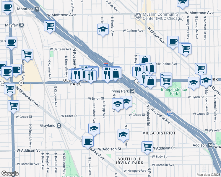 map of restaurants, bars, coffee shops, grocery stores, and more near 3934 North Keeler Avenue in Chicago