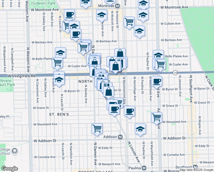 map of restaurants, bars, coffee shops, grocery stores, and more near 1900 West Larchmont Avenue in Chicago
