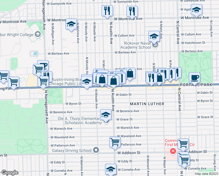 map of restaurants, bars, coffee shops, grocery stores, and more near 6011 West Irving Park Road in Chicago