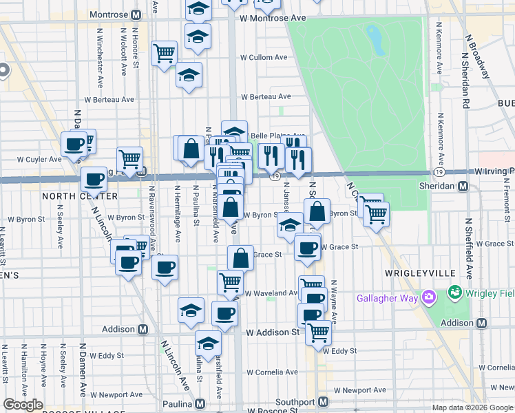 map of restaurants, bars, coffee shops, grocery stores, and more near 3912 North Greenview Avenue in Chicago