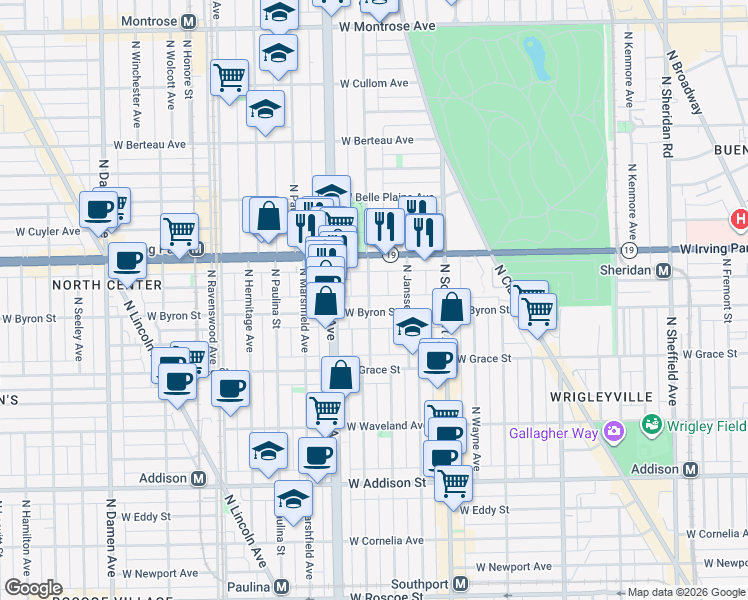 map of restaurants, bars, coffee shops, grocery stores, and more near 1467 West Irving Park Road in Chicago